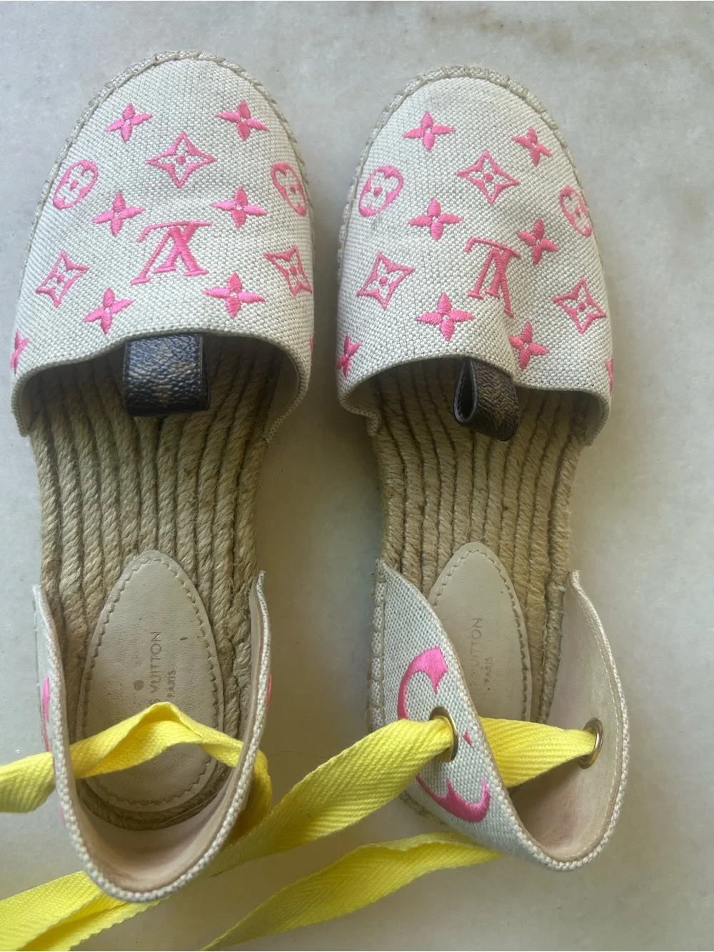 Louis Vuitton Pink Canvas Monogram Espadrille with Yellow Ribbon Ties